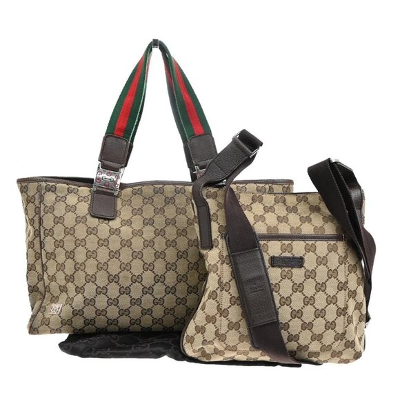 Gucci Handbags - GUCCI Logo Sherry GG Pattern 2set Hand Bag Canvas Leather Brown Italy 32AA107